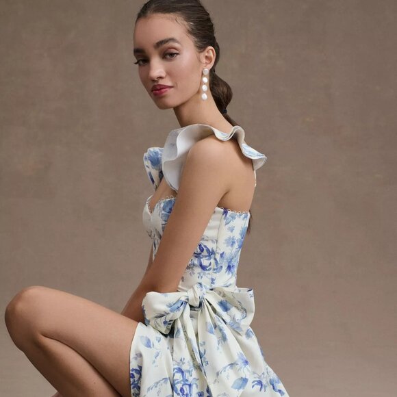 V. CHAPMAN Vera Ruffle Corset Midi Dress In Provencal Blue Floral (size 10) NWT - Picture 3 of 14